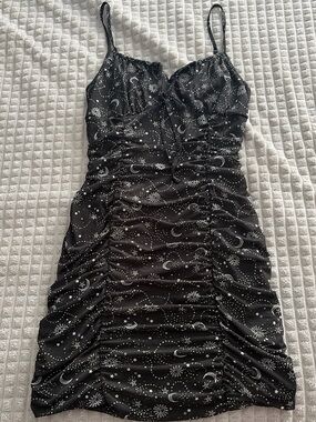 Celestial Ruched Black Slip Mini Dress